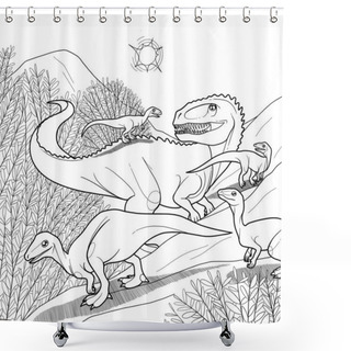 Personality  Small Dinosaurs Jumping Around A Giganotosaurus In A Hilly Landscape. Shower Curtains