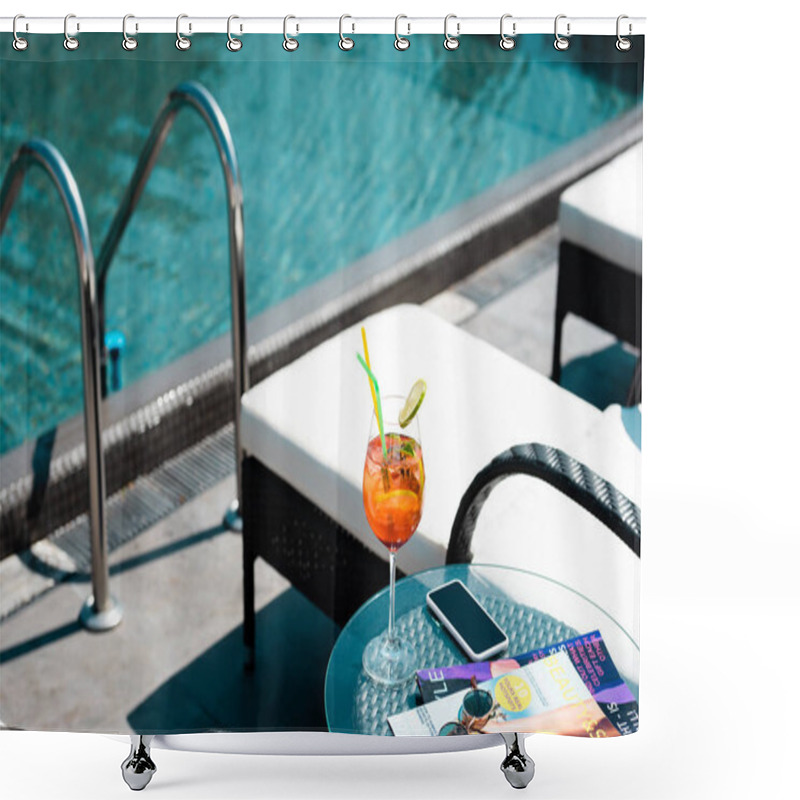 Personality  Table With Cocktail, Magazines And Sunglasses Near Swimming Pool On Resort Shower Curtains