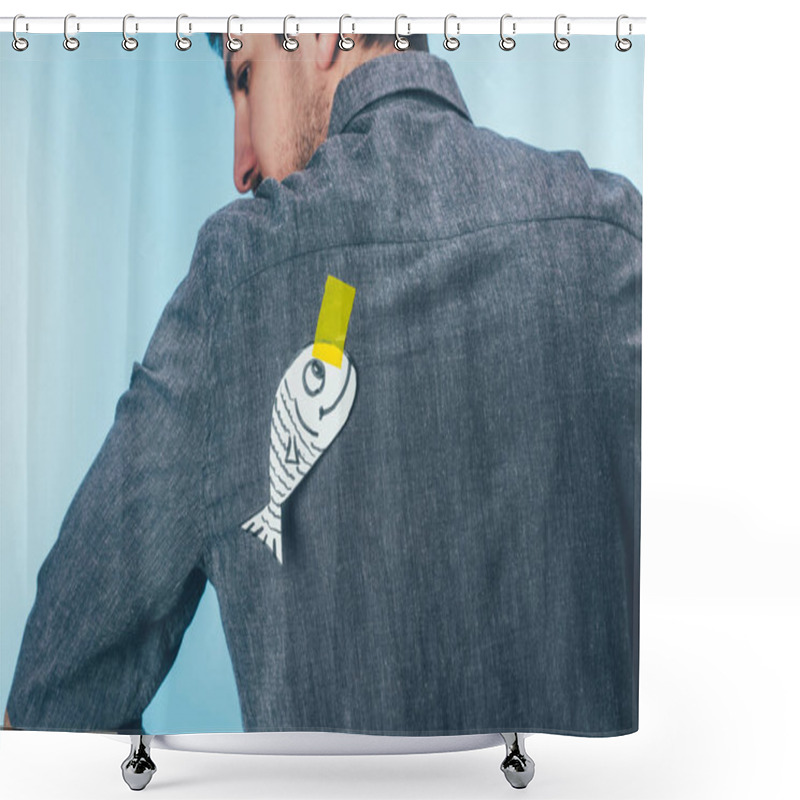 Personality  Back View Of Man With Fish On Sticky Tape On Back, April Fools Day Holiday Concept Shower Curtains
