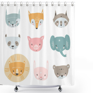 Personality  Collection With Tiny Animal Faces. Emoji. Cat, Fox, Raccoon, Panda, Pig, Elephant, Lion, Rabbit And Bear In Cartoon Scandinavian Style. Shower Curtains
