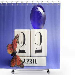 Personality  Earth Day, Save The Date White Block Calendar, April 22, With Butterfly And Globe Against A Blue Background. Shower Curtains