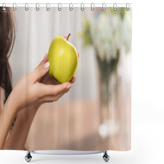 Personality  Close-up Partial View Of Girl Holding Fresh Green Apple Shower Curtains