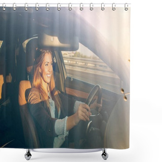 Personality  Beautiful Businesswoman Driving Car At Sunset Shower Curtains