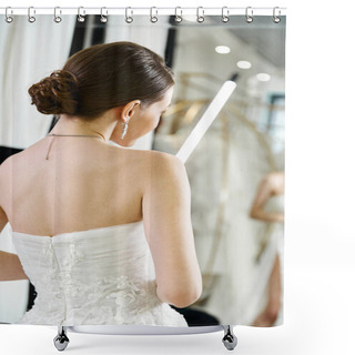 Personality  A Young Brunette Bride In A White Wedding Dress Gazes At Her Reflection In A Mirror In A Bridal Salon. Shower Curtains
