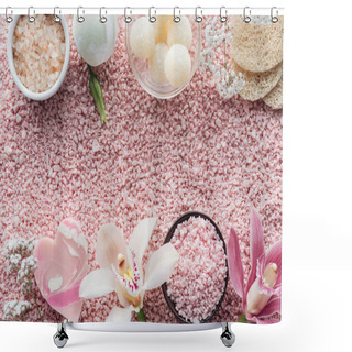 Personality  Top View Of Beautiful Orchid Flowers, Handmade Soap, Sponges And Pink Sea Salt Shower Curtains