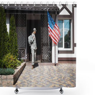 Personality  Military Servicewoman With Backpack Leaving House, Standing On Threshold Shower Curtains