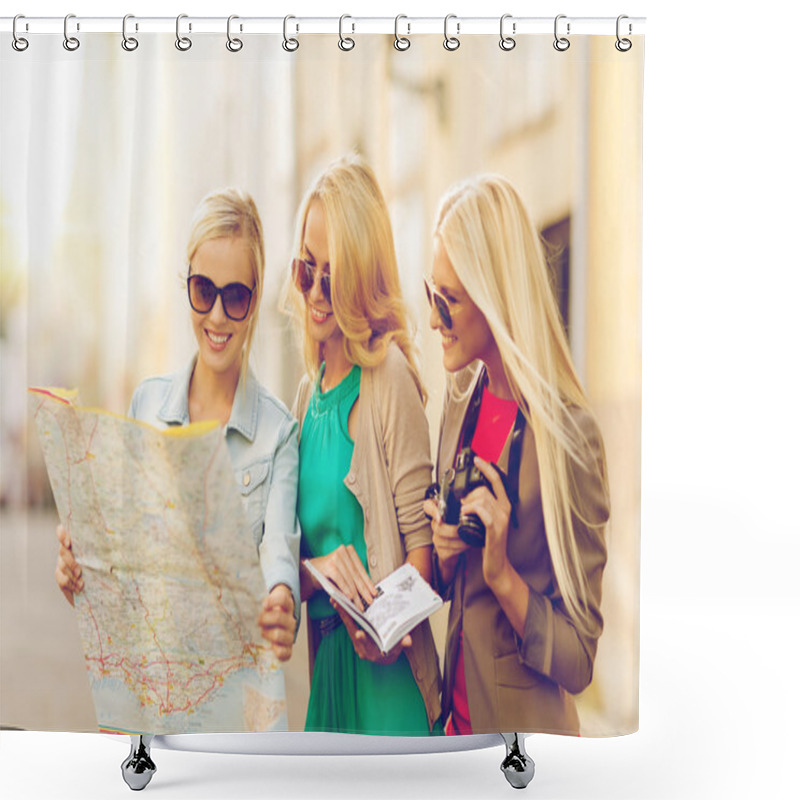 Personality  beautiful women with tourist map in the city shower curtains