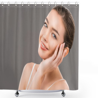 Personality  Beautiful Smiling Young Woman With Perfect Skin, Isolated On Grey Shower Curtains