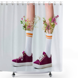 Personality  Close-up Partial View Of Female Legs With Beautiful Flowers In Socks Isolated On Grey Shower Curtains