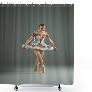 Personality  A Young, Beautiful Ballerina Gracefully Strikes A Pose In A White Tutu. Shower Curtains