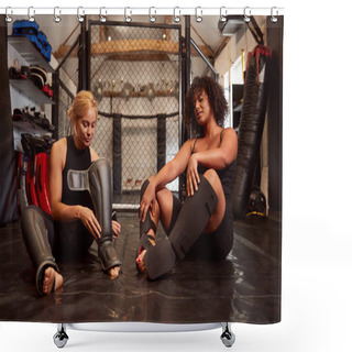 Personality  Two Female Mixed Martial Arts Fighters Putting On Protective Equipment Training In Gym Shower Curtains