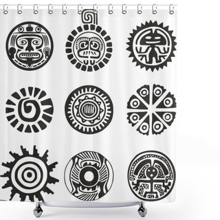 Personality  Vector Monochrome Set Of Native American Indian National Symbols. Ethnic Round Ornaments Of The Peoples Of America, Aztec, Maya, Incas, Peru, Brazil, Mexico, Honduras, Guatemala Shower Curtains