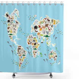 Personality  Cartoon Animal World Map For Children And Kids, Animals From All Over The World, White Continents And Islands On Blue Background Of Ocean And Sea. Vector Shower Curtains