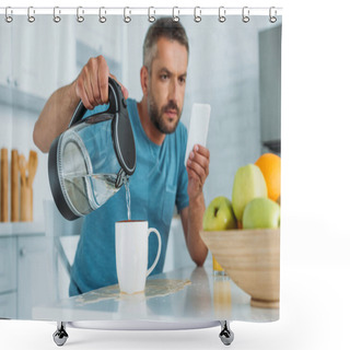 Personality  Selective Focus Of Man Overfilling Cup With Water While Sitting At Kitchen Table And Using Smartphone Shower Curtains