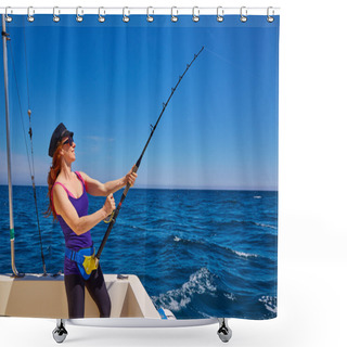 Personality  Beautiful Woman Girl Fishing Rod Trolling In Boat Shower Curtains