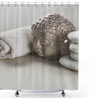 Personality  Cotton Towel, Stones, Buddha Figurine On White Table Isolated On Grey Shower Curtains