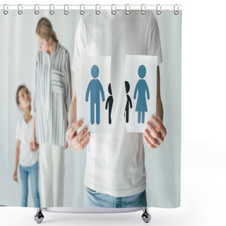 Personality  Man Holding Ripped Paper With Drawn Family Near Woman And Adopted African American Kid On White   Shower Curtains