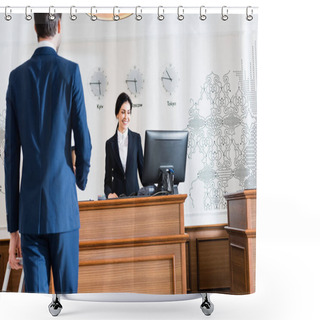 Personality  Back View Of Businessman Near Cheerful Receptionist Looking At Computer Monitor  Shower Curtains