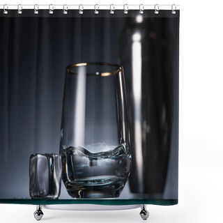 Personality  Selective Focus Of Transparent Glass With Vodka Near Ice In Dark With Back Light And Shaker Shower Curtains