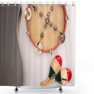 Personality  Top View Of Acoustic Guitar Near Wooden Maracas And Tambourine On White  Shower Curtains