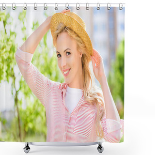 Personality  Portrait Of Smiling Young Woman In Straw Hat On Blurred Background  Shower Curtains