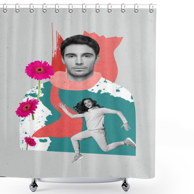 Personality  Artwork Magazine Collage Picture Of Excited Happy Lady Excited Getting 8 March Flowers Isolated Grey Color Background. Shower Curtains