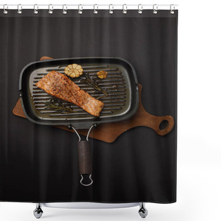 Personality  Top View Of Arranged Grilled Salmon Steak With Rosemary On Wooden Cutting Board On Black Tabletop Shower Curtains