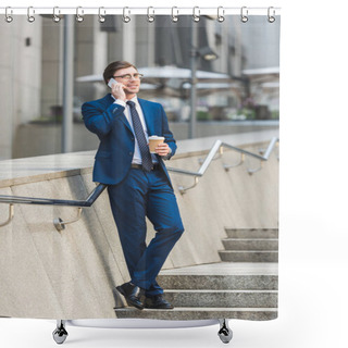 Personality  Successful Young Businessman In Stylish Suit With Coffee To Go Talking By Phone On Stairs Near Business Building Shower Curtains