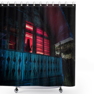 Personality  Old House With A Ghost In The Forest At Night Or Abandoned Haunted Horror House In Fog. Old Mystic Building In Dead Tree Forest. Trees At Night With Moon. Surreal Lights. Horror Halloween Concept Shower Curtains