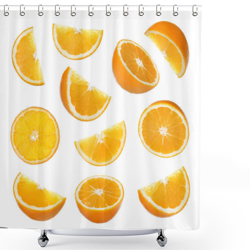 Personality  Set Of Cut Ripe Juicy Oranges On White Background Shower Curtains