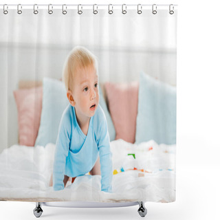 Personality  Surprised Toddler Child Crawling On Bed With White Bedding At Home  Shower Curtains