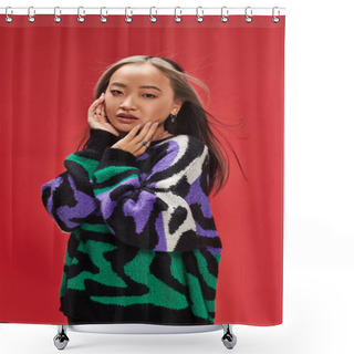 Personality  Young Pretty Asian Woman With Dyed Hair In Sweater With Animal Print Posing With Hand Near Face Shower Curtains