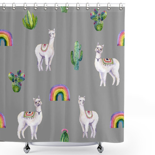 Personality  Seamless Pattern Of Watercolor Alpacas, Cacti, Rainbow. Colorful Illustration Isolated On Grey. Hand Painted Animals Perfect For Kids Wallpaper, Interior Design, Fabric Textile, Cases, Posters Shower Curtains