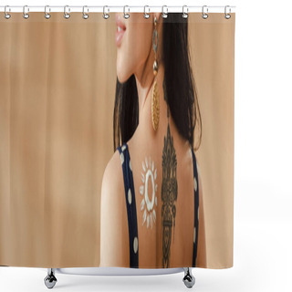 Personality  Cropped View Of Woman With Drawn Sun Made Of Sunscreen And Tattoo On Back On Beige Background, Panoramic Shot Shower Curtains