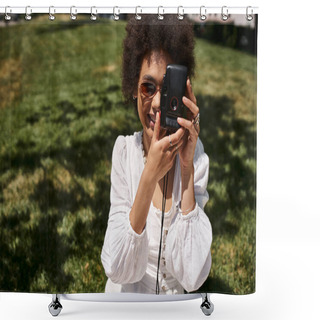 Personality  Happy African American Woman In Sunglasses Taking Photo On Vintage Camera In Summer Park, Joy Shower Curtains