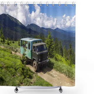 Personality  June 20, 2021. Jeeping Mountain Car Travel. Highlands Scenery. Carpathian Mountains, Ukraine. Environmental Problems Of Saving Mountains From Jeeping. The Concept Of Nature Conservation. Shower Curtains