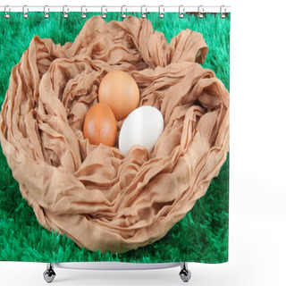 Personality  Beige, Brown, White Chicken Eggs In Nest Made Of Cloth Sack On Green Background Shower Curtains