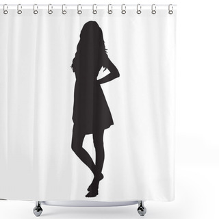 Personality  Young Woman In Summer Dress Standing Barefoot, Vector Silhouette Shower Curtains