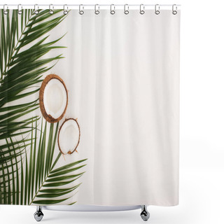 Personality  Top View Of Coconut Halves Near Palm Leaves On White Background With Copy Space Shower Curtains