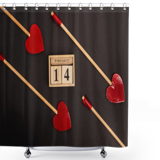 Personality  Top View Of Heart-shaped Arrows Near Wooden Cubes With 14 February Lettering Isolated On Black  Shower Curtains