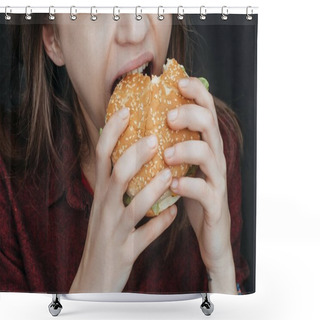 Personality  Cropped View Of Girl Biting Tasty Hamburger  Shower Curtains