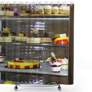 Personality  Cakes And Desserts At The Restaurant Inside The Refrigerator Shower Curtains