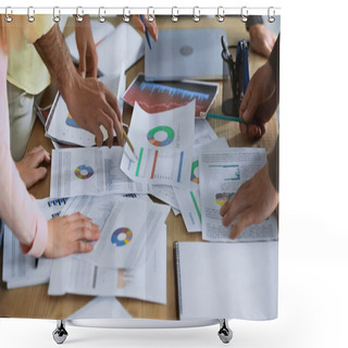 Personality  Cropped View Of Businessman Pointing With Pencil At Document Near Partners On Blurred Foreground Shower Curtains