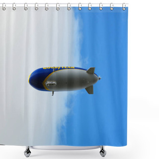 Personality  FRANKFURT, GERMANY - Sep 24, 2021: An Airship On A Sightseeing Flight Over Frankfurt. The Zeppelin NT - New Technology - Is Developed And Based In Friedrichshafen On Lake Constance. Shower Curtains