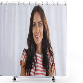 Personality  Cheerful And Brunette Woman Looking At Camera Shower Curtains