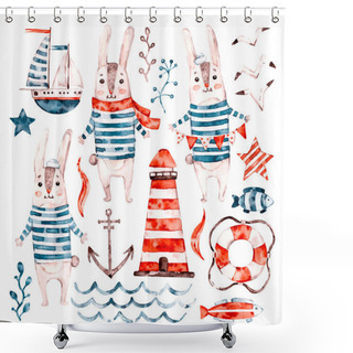 Personality  Nautical Watercolor Baby Rabbit Sailor, Animal Cartoon Nursery Seaman Set. Cute Childish Character Collection Shower Curtains
