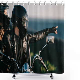 Personality  Couple Of Bikers In Helmets On Motorcycle, Man Pointing At Something  Shower Curtains