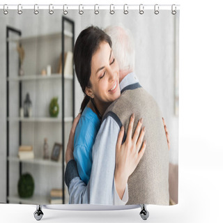Personality  Smiling Nurse Hugging With Grey Haired Man, Standing In Room Shower Curtains