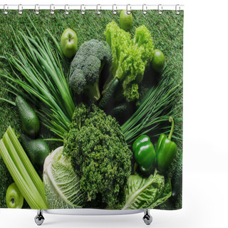 Personality  Top View Of Uncooked Tasty Green Vegetables On Grass, Healthy Eating Concept Shower Curtains