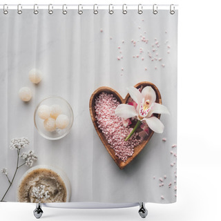 Personality  Top View Of White Orchid Flower And Pink Sea Salt In Heart Shaped Bowl On White Shower Curtains